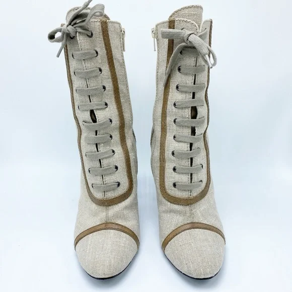 MaxMara size 38 / 8 Canvas and Leather Lace up Mid Calf Booties